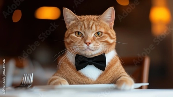 Fototapeta A cat wearing a black bow tie sits upright at a candlelit table, portraying the normalization of animals in symbolic human roles.