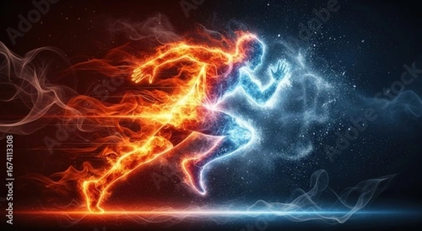 Fototapeta Dynamic Fire and Ice Runners in Motion.