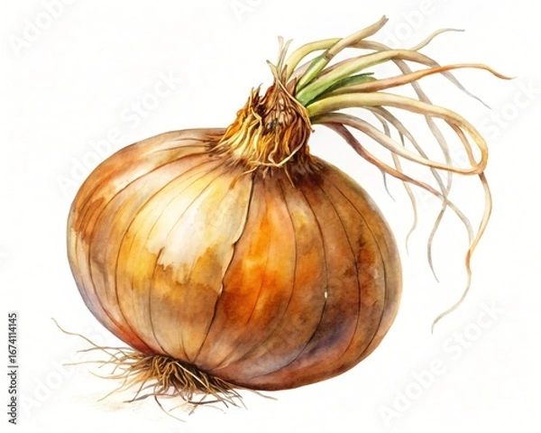 Fototapeta Watercolor painting of a single brown onion with roots and green shoots