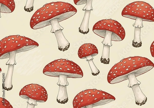 Obraz Enchanted Mushroom Meadow: A Hand-Drawn Pattern