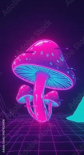 Obraz Synthwave Fungi: 80s Retro 3D Render