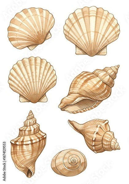 Obraz Seashell Studies: Detailed Watercolor Illustrations
