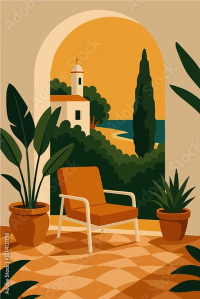 Fototapeta flat illustration poster middle east sand desert palm tree orange window art paint procreate cactus sky tower bench chair sun