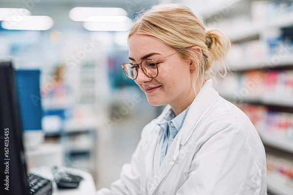 Fototapeta A smiling woman in a lab coat sits at a computer in a pharmacy, indicating a professional and friendly atmosphere.