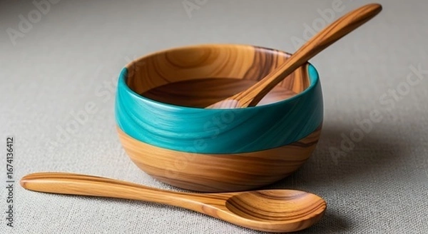 Fototapeta Vectore illustration of handcrafted wooden bowl with turquoise resin inlay and matching spoon, showcasing natural wood grain and artisanal craftsmanship