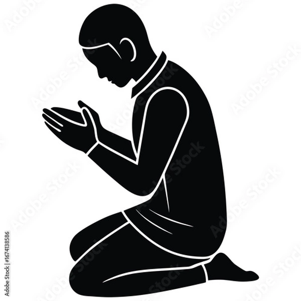 Fototapeta Man praying on knees with hands cupped prayer kneeling