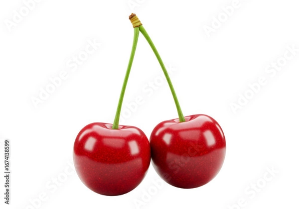 Fototapeta 二つの赤いチェリー 緑色の茎 透明な背景に分離された 甘くてジューシーな新鮮な果物