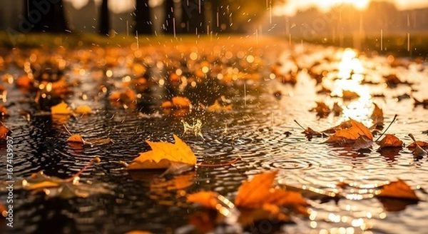Fototapeta Vectore illustration of autumn rain falls on fallen leaves on a wet path during golden hour