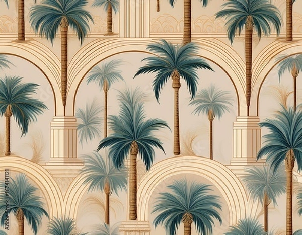 Fototapeta a repeating pattern featuring palm trees and decorative arches on a light background ai generated