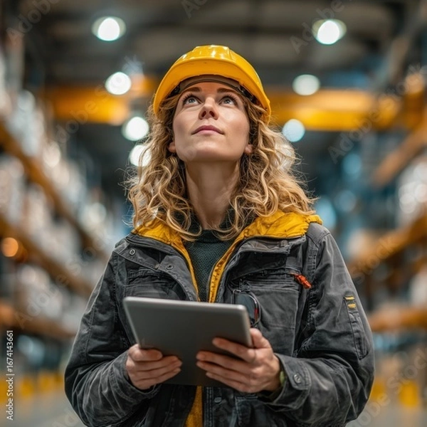 Fototapeta A girl in a yellow hard hat with a tablet works in a warehouse.