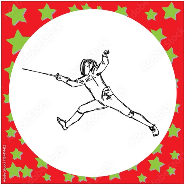 Fototapeta Fencing players with sword fighting - vector illustration sketch hand drawn with black lines, isolated on white background