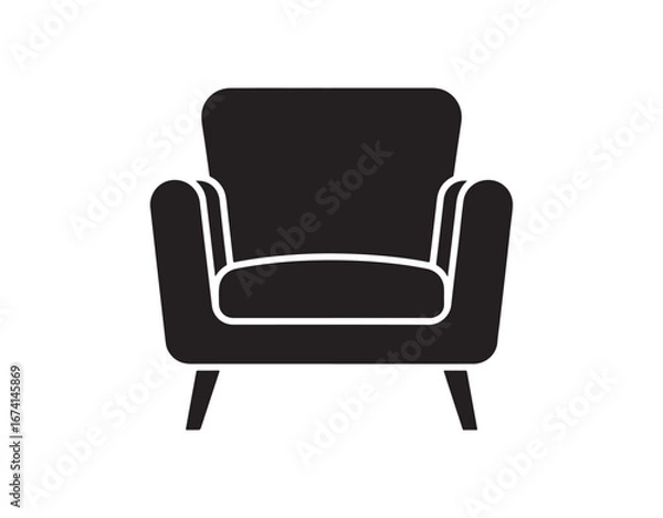 Fototapeta Icon of a chair with legs. Armchair design. Black silhouette. Viewed from the front. A simple vector graphic illustration. An isolated object on a white background. Isolate