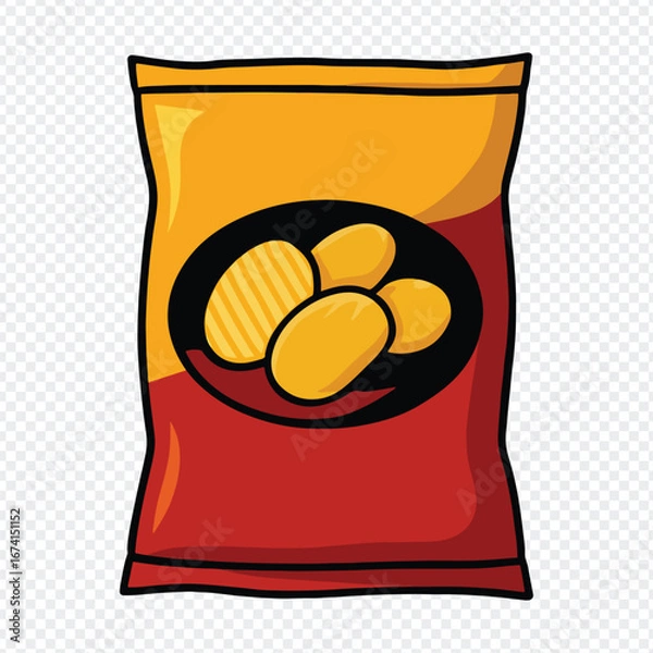 Fototapeta Bold Potato Chip Bag Vector – Stylized Snack Packaging with Crispy Chips Icon and potato chips, chip bag, snack packaging, food illustration, crispy snack, junk food, snack vector, packaged snack, 