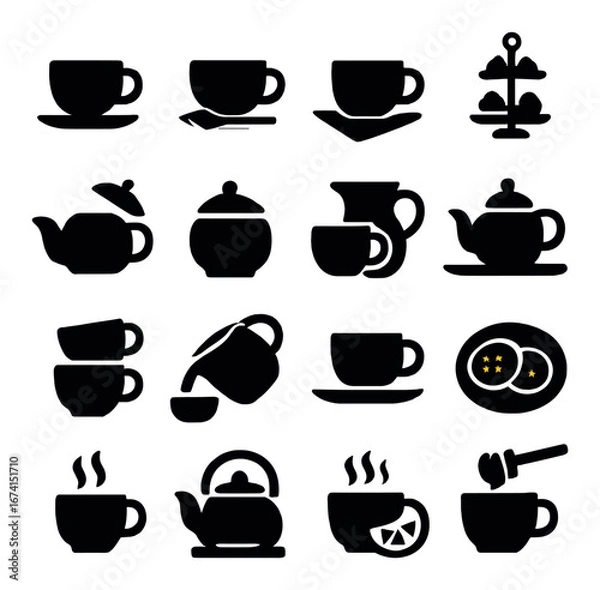 Fototapeta Silhouette tea time icon set featuring cup, teapot, kettle, cookies, and lemon symbols