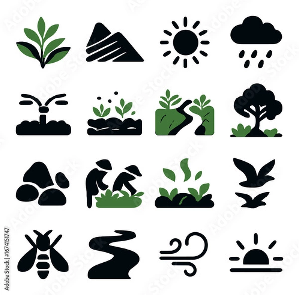 Fototapeta Silhouette nature icons set featuring plants, mountains, sun, rain, trees, path, and bee symbols