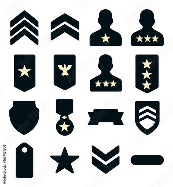 Fototapeta Silhouette military icons set featuring rank insignias, medals, star, shield, and tags