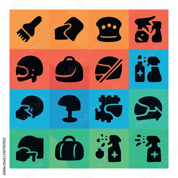 Fototapeta Silhouette cleaning and safety icons set featuring brush, sponge, sprayer, helmet, and goggles