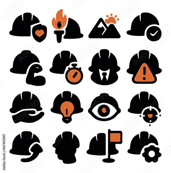 Fototapeta Silhouette construction icon set featuring safety, worker, torch, mountain, hard hat, and alert symbols