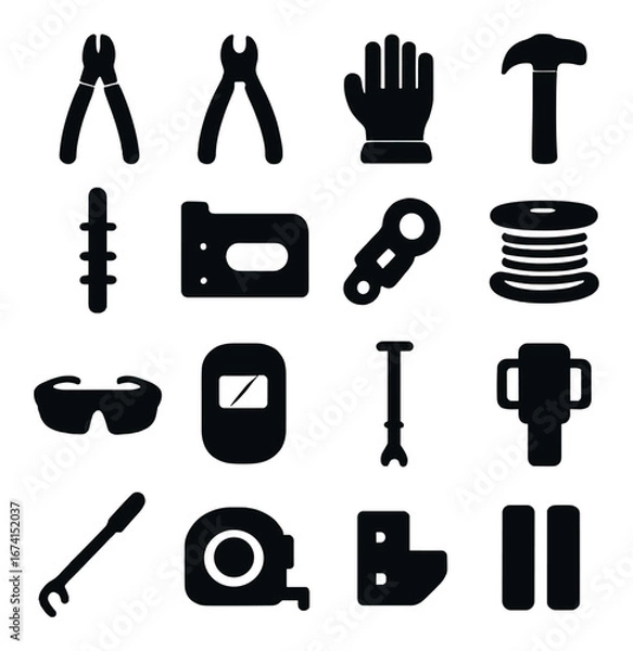 Fototapeta Silhouette tools icon set featuring wrench, hammer, gloves, measuring tape, goggles, welder mask, drill
