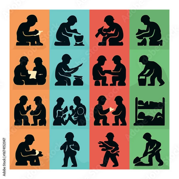 Fototapeta Silhouette teamwork icon set featuring collaboration, construction, discussion, and labor symbols