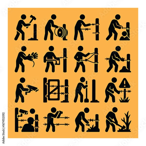 Fototapeta Silhouette construction worker icon set featuring hammering, sawing, welding, chiseling, and drilling