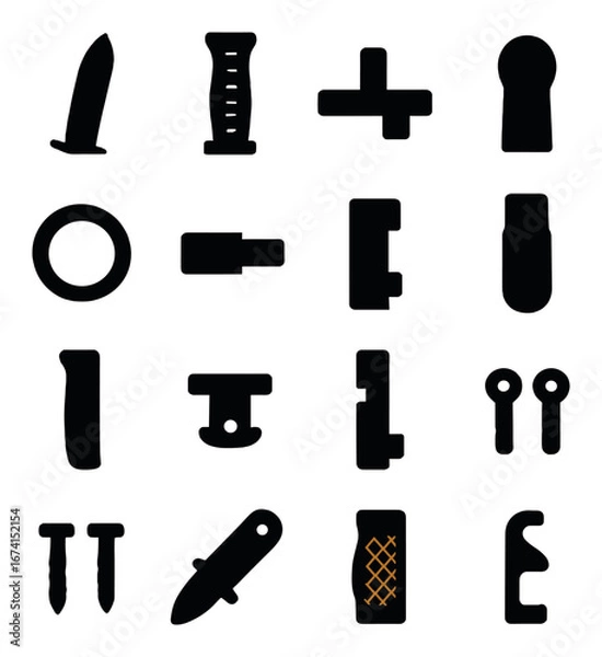 Fototapeta Silhouette tactical gear icon set featuring knife, flashlight, cross, suppressor, bullet, and carabiner symbols