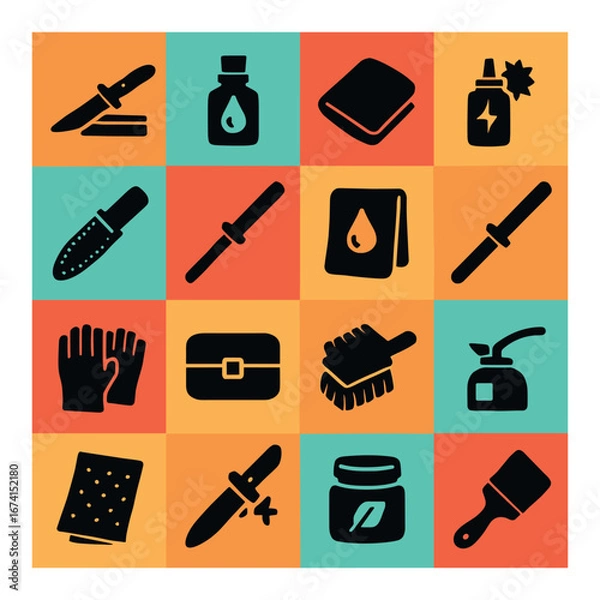 Obraz Silhouette kitchen tool icons set featuring knife, oil bottle, towel, spray, gloves, box, sponge, and more