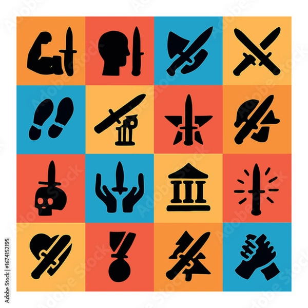 Fototapeta Silhouette military icon set featuring sword, helmet, shield, knife, medal, and army symbols