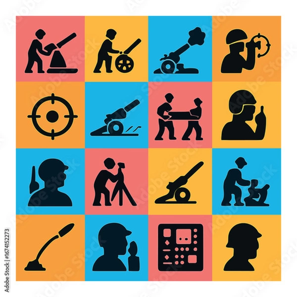 Fototapeta Silhouette military icons set featuring soldier, cannon, surveyor, target, and tactical symbols