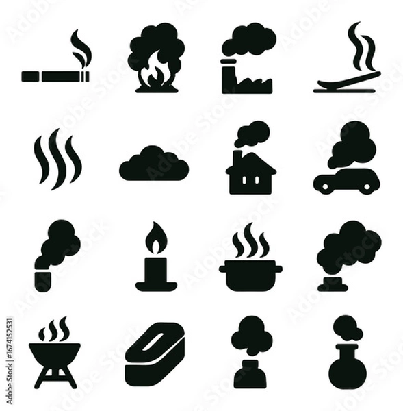 Fototapeta Silhouette pollution and smoke icons set featuring cigarette, factory, cloud, car, candle, and barbecue symbols