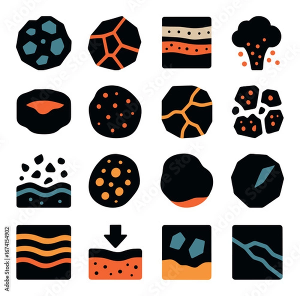 Fototapeta Silhouette geoscience icon set featuring geology, tectonic, sedimentary, volcanic, and erosion symbols
