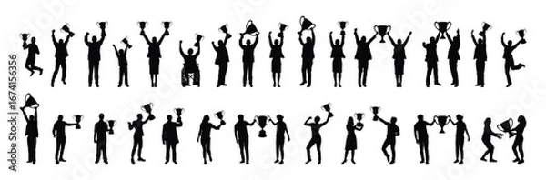 Obraz People all ages holding trophy cup winner different positions celebrating success vector black silhouette set collection. Group of athletes winning first trophy cup at competition black silhouettes.