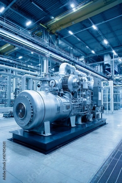 Fototapeta A large gas turbine generator stands prominently in a state-of-the-art power plant. Bright lights illuminate the metallic structure, showcasing its intricate design and engineering
