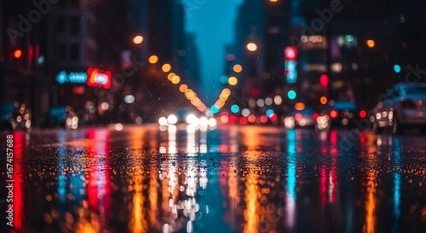 Fototapeta Vectore illustration of rainy city street at night with colorful bokeh lights reflecting on wet asphalt
