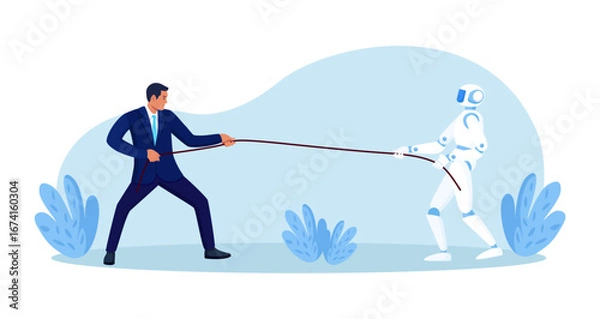 Fototapeta Businessman faces a robot in rope battle. People push back against automation and defend jobs as AI rises. Future of work, job loss. Workers replacement by Artificial intelligence