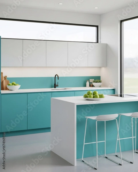 Obraz Turquoise and White Minimalist Modern Kitchen with Refreshing Style