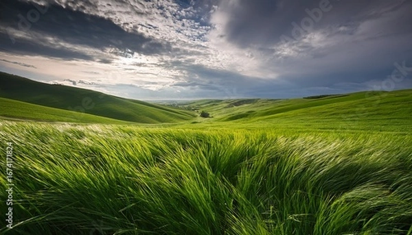 Fototapeta lush tall green grass gently undulating in a windy field under a cloudy overcast sky creating a serene and peaceful natural landscape