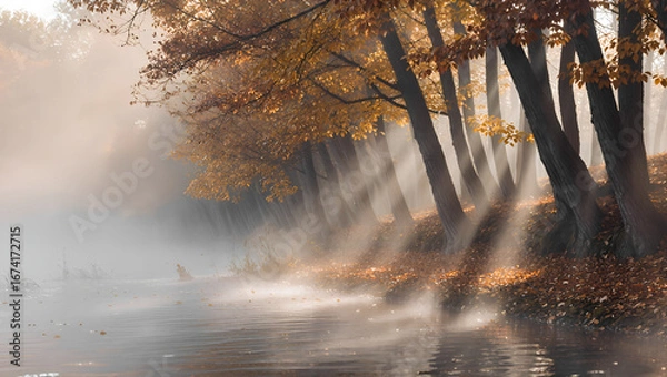 Fototapeta autumn grove on the river bank, on a foggy quiet morning,