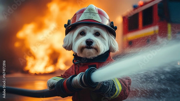 Fototapeta A dog in a helmet and firefighter's suit extinguishes a fire with a water pressure hose.