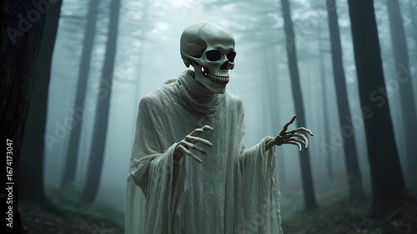 Fototapeta a menacing skeleton in a white robe, walks through the autumn forest,