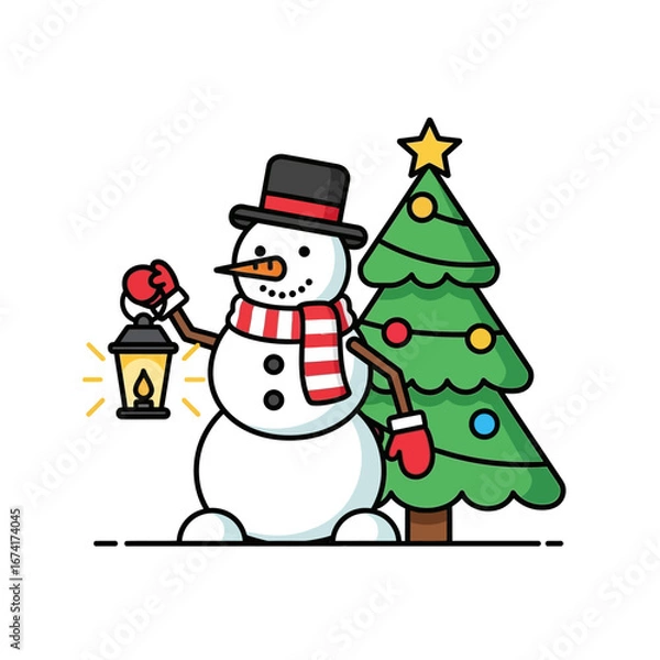 Fototapeta Festive Snowman with Lantern and Christmas Tree