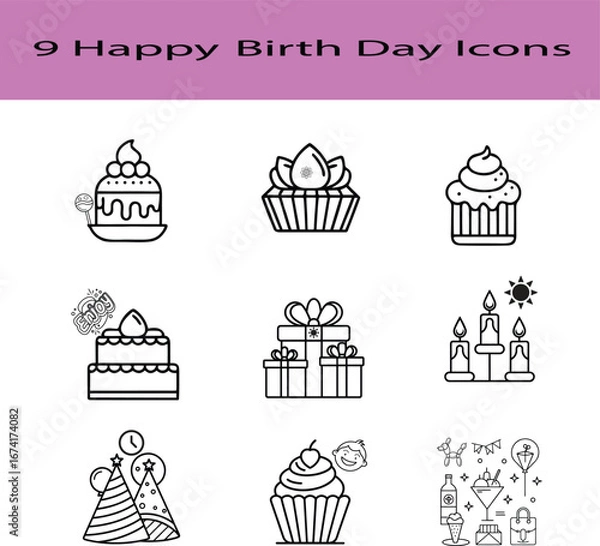 Obraz Collection of nine simple birthday icons on a black background