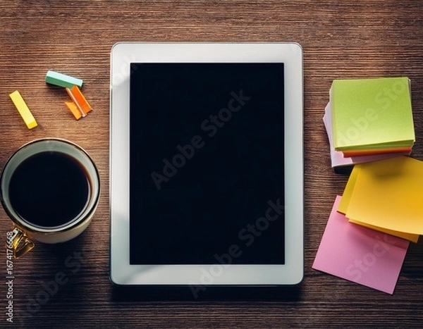 Fototapeta modern digital tablet workspace with coffee and sticky notes