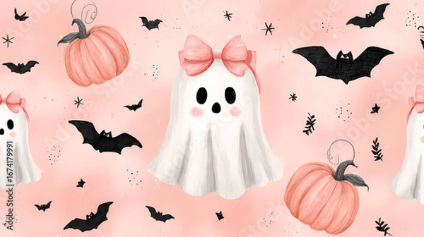 Obraz Adorable Pink Halloween Ghost & Pumpkin Seamless Pattern