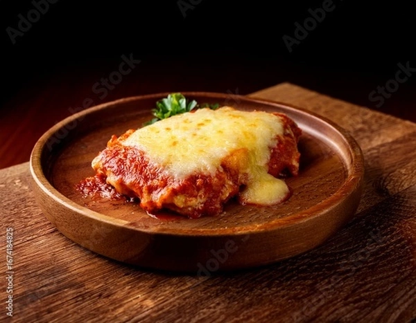 Fototapeta parmegiana steak also known as filet parmegiana in a wood plate on a rustic wooden background cheese and tomato sauce soft light angle view