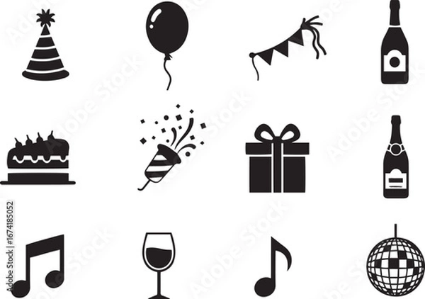 Fototapeta A collection of black and white icons representing various festive and celebratory elements.