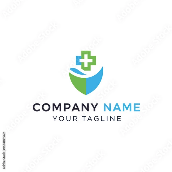 Fototapeta A modern medical logo featuring a green and blue shield with a white cross on top, symbolizing healthcare and protection.