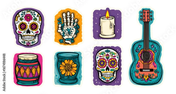 Obraz Colorful Day of the Dead Clipart Set on Transparent Background