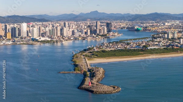 Obraz Frontal aerial view of Itajaí, gateway for ships entering the Port of Itajaí in Santa Catarina.