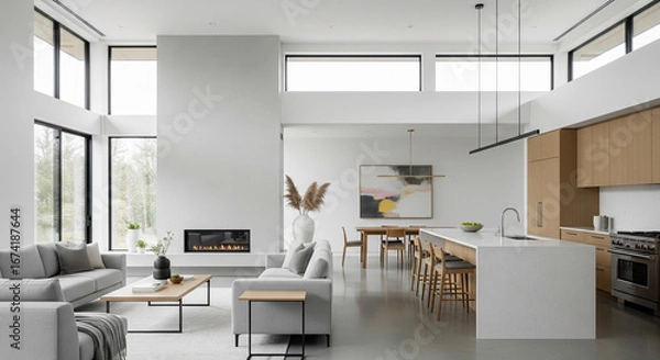 Fototapeta A modern minimalist home interior design with clean lines, sleek furniture, and neutral color palette, featuring an open-concept living space connected to a spacious kitchen, bathed in natural light	
